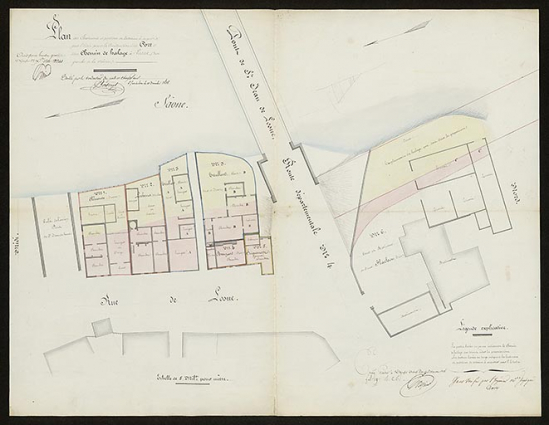 Plan des bâtiments et portions de terrains à acquérir par l'Etat pour la construction d'un port et d'un chemin de halage à Losne (rive gauche de la Saône). 1838. © CD21/F.PETOT/2020