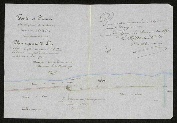 Plan du port des Maillys à l'appui du rapport en réponse à la demande du Conseil municipal de cette commune en date du 2 mai 1852. © CD21/F.PETOT/2020