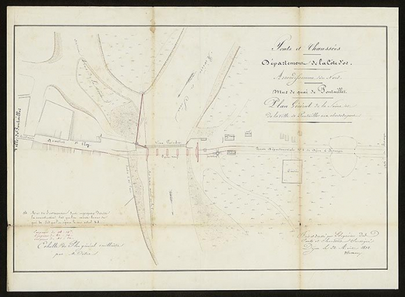 Mur de quai de Pontailler. Plan général de la Saône et de la ville de Pontailler aux abords du pont. 1832. © CD21/F.PETOT/2020