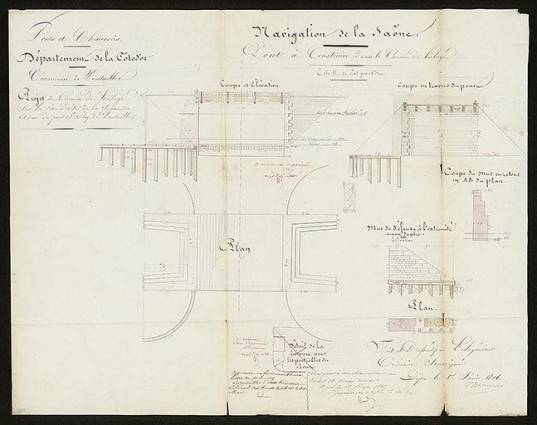 Projet de chemin de halage sur la rive droite de la Saône en amont du pont St Eloy de Pontailler. Pont à construire sur le chemin de halage. [Plan, coupes et élévation]. 1836. © CD21/F.PETOT/2020