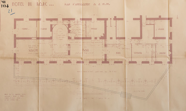 Plan du rez-de-chaussée du corps principal (hall, salon et bar). © Région Bourgogne-Franche-Comté, Inventaire du patrimoine