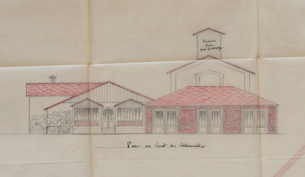 Plan général du bâtiment et élévation de la façade ouest en 1928, détail. © Région Bourgogne-Franche-Comté, Inventaire du patrimoine