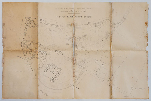 Plan du parc thermal (1906) avec aménagements des années 1920-1930. © Région Bourgogne-Franche-Comté, Inventaire du patrimoine