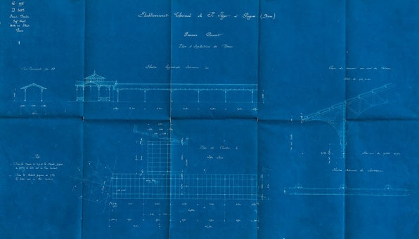 Promenoirs d'Ernest Panz (1895) : plan, coupe et élévation. © Région Bourgogne-Franche-Comté, Inventaire du patrimoine