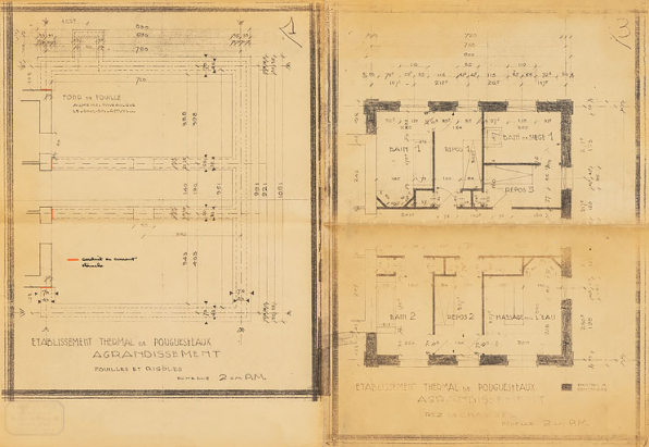 Projet de Massé et Riniéri (1934), plan des fouilles et du rez-de-chaussée du pavillon à construire. © Région Bourgogne-Franche-Comté, Inventaire du patrimoine