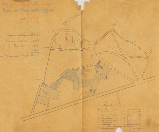 Plan-masse et de situation ancien (non daté) montrant l'hôtel (A), la villa (B), les cabinets (D), l'écurie (E) et les remises (F). © Région Bourgogne-Franche-Comté, Inventaire du patrimoine