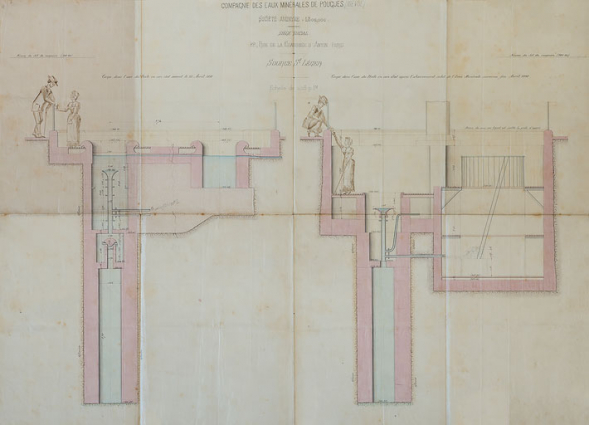 Coupe sur les deux puits avant et après l'abaissement du niveau de l'eau survenu fin avril 1891. © Région Bourgogne-Franche-Comté, Inventaire du patrimoine