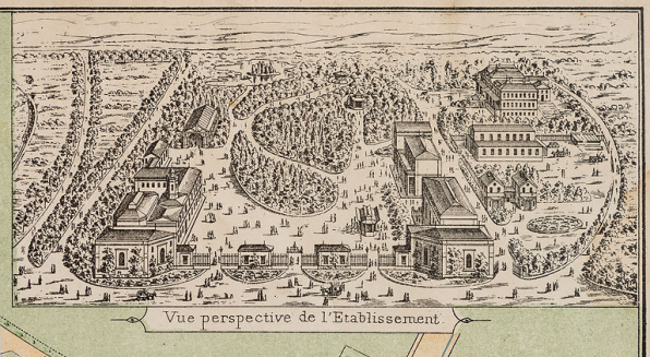 Situation du casino-théâtre dans le parc thermal, vue cavalière (vers 1896). © Région Bourgogne-Franche-Comté, Inventaire du patrimoine