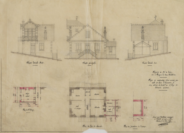 Projet de cabinet de travail dans la lucarne pignon à construire au-dessus de la cuisine, plans et élévations. © Région Bourgogne-Franche-Comté, Inventaire du patrimoine