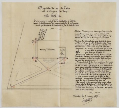 Plan-masse portant un projet de conduites à établir pour l'écoulement des eaux pluviales et ménagères. © Région Bourgogne-Franche-Comté, Inventaire du patrimoine