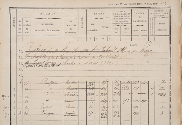 Liste des propriétés d'Henriette Frébault, née Rodiez de Montlouis, dans la matrice cadastrale des propriétés bâties (1883-1891).  © Région Bourgogne-Franche-Comté, Inventaire du patrimoine