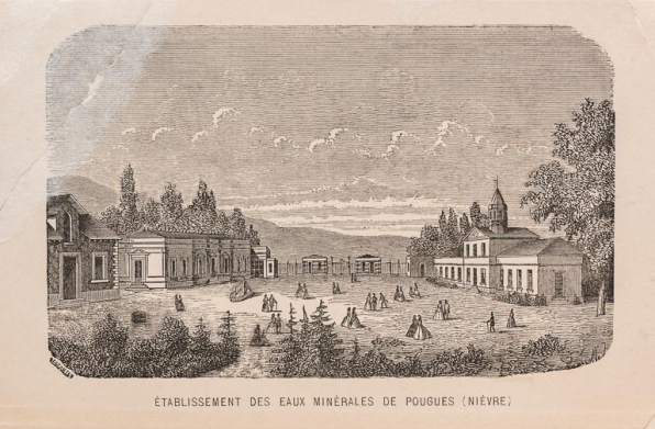 Vue du casino construit en 1860-1863 (à gauche) face à l'établissement thermal (à droite). © Région Bourgogne-Franche-Comté, Inventaire du patrimoine