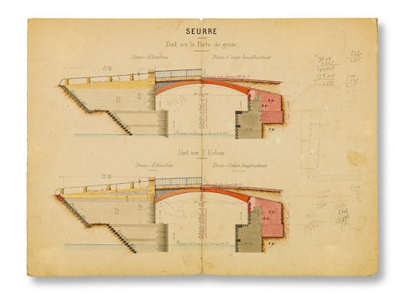 Elévations des ponts de Seurre. Pont sur la Porte de garde. Pont sur l'Ecluse. [Demi-élévation et demi-coupe longitudinale]. S.d. © Région Bourgogne-Franche-Comté, Inventaire du patrimoine