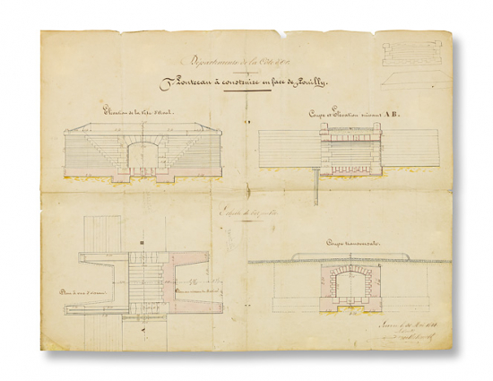 Ponceau à construire en face de Pouilly. Plan, coupe et élévation. Dessin, 30 mai 1844. © Région Bourgogne-Franche-Comté, Inventaire du patrimoine