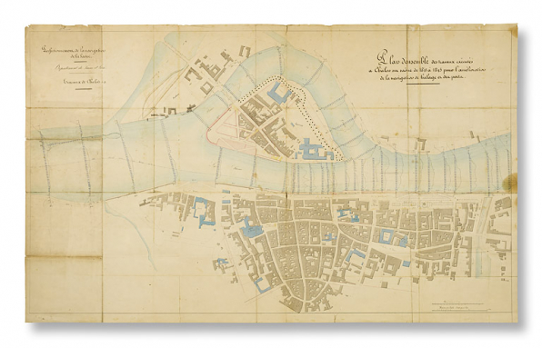 Plan d'ensemble des travaux exécutés à Châlons sur Saône de 1841 à 1845 pour l'amélioration de la navigation de halage et des ports. © Région Bourgogne-Franche-Comté, Inventaire du patrimoine