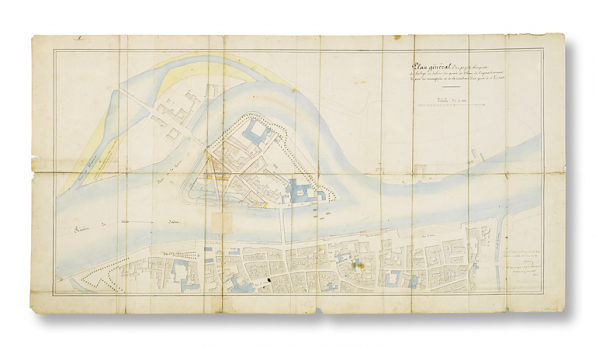 Plan général d'un projet de banquette de halage en dehors des quais de Châlons, de l'agrandissement du port des messageries et de la construction d'un quai à St Laurent. 1837. © Région Bourgogne-Franche-Comté, Inventaire du patrimoine