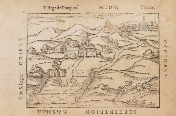 Situation des fontaines Saint-Léger et Saint-Marceau sur une gravure du Discours de l'origine des fontaines (1595) d'Antoine Du Fouilloux. © Bibliothèque nationale de France