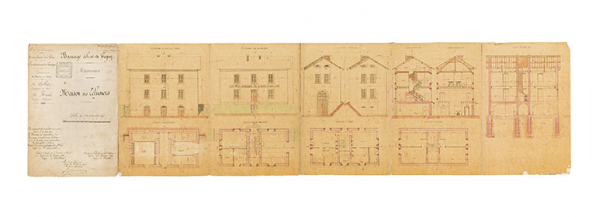 Plan, coupe et élévation. Maison des éclusiers. Barrage éclusé de Gigny. Dessin aquarellé, 1er février 1868. © Région Bourgogne-Franche-Comté, Inventaire du patrimoine