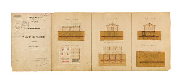 Plan, coupe et élévation. Maison à aiguilles. Barrage éclusé de Gigny. Dessin aquarellé, 27 février 1869. © Région Bourgogne-Franche-Comté, Inventaire du patrimoine