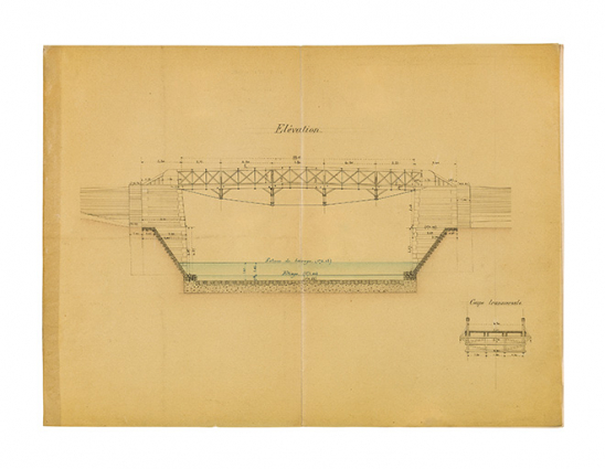 Reconstruction du pont de halage de la Dheune. Dessins du pont actuel. [Elévation et coupe transversale]. Dessin aquarellé, 24 janvier 1903. © Région Bourgogne-Franche-Comté, Inventaire du patrimoine