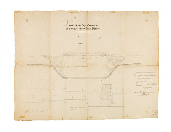 Pont de halage à construire à l'embouchure de la Dheune. Plan, coupe et élévation. Dessin, 30 août 1837. © Région Bourgogne-Franche-Comté, Inventaire du patrimoine