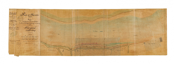 Projet de réparation et de consolidation du chemin de halage au passage de Raconnay. Plan général et profil de sondages. 28 juillet 1855. © Région Bourgogne-Franche-Comté, Inventaire du patrimoine