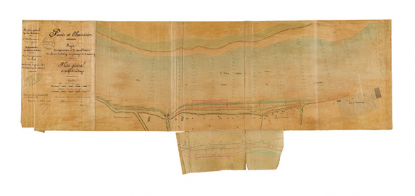 Projet de réparation et de consolidation du chemin de halage au passage de Raconnay. Plan général et profil de sondages [avec retombe]. 28 juillet 1855. © Région Bourgogne-Franche-Comté, Inventaire du patrimoine