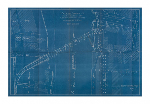 Projet de pont biais à 65°, sur la Saône, en ciment armé système Hennebique. Plan général des abords. 20 août 1907. © Région Bourgogne-Franche-Comté, Inventaire du patrimoine