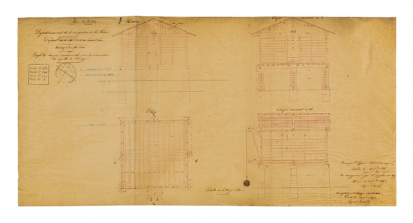 Projet de hangar insubmersible pour la conservation des aiguilles de barrage. [Plan, coupe et élévation]. 26 septembre 1847.  © Région Bourgogne-Franche-Comté, Inventaire du patrimoine