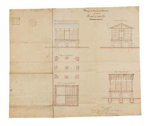 Barrages de Seurre et du Châtelet. Hangar à aiguilles. [Plan, coupe et élévation]. 17 octobre 1847.  © Région Bourgogne-Franche-Comté, Inventaire du patrimoine