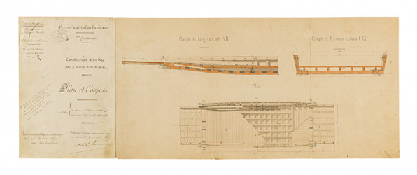 Construction d'un bac pour le passage d'eau de Gergy. Plan et coupes. 25 avril 1876.  © Région Bourgogne-Franche-Comté, Inventaire du patrimoine