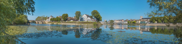 Vue panoramique avec de gauche à droite : le pont sur la Génise, l'île Saint-Laurent et la ville de Chalon-sur-Saône sur la rive droite. © Région Bourgogne-Franche-Comté, Inventaire du patrimoine