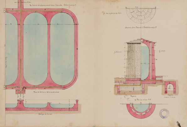Plan des bassins de refroidissement, plan et coupe du château d'eau (1895). © Région Bourgogne-Franche-Comté, Inventaire du patrimoine