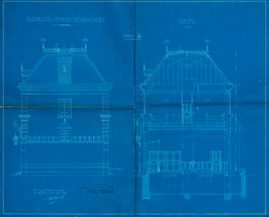 Élévation de la façade latérale et coupe. © Région Bourgogne-Franche-Comté, Inventaire du patrimoine