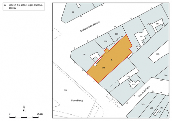 Plan-masse et de situation. Extrait du plan cadastral, 2021, section EW, 1/1 000 agrandi à 1/500. © Région Bourgogne-Franche-Comté, Inventaire du patrimoine