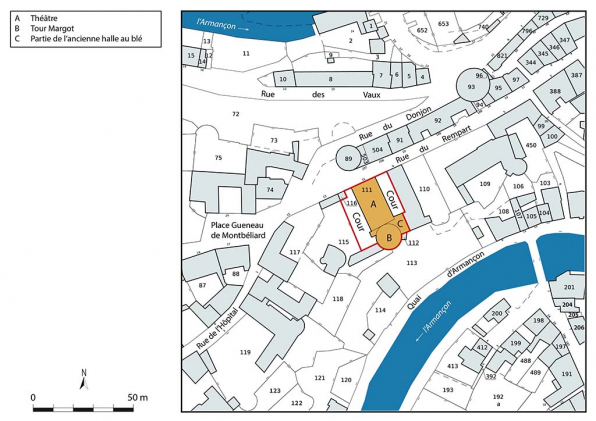 Plan-masse et de situation. Extrait du plan cadastral, 2021, section AD, 1/1 000. © Région Bourgogne-Franche-Comté, Inventaire du patrimoine