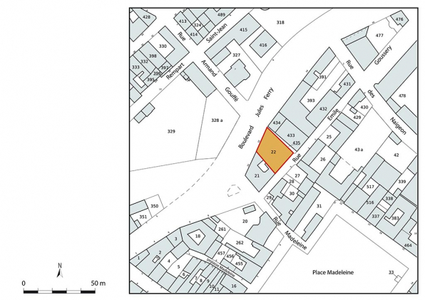 Plan-masse et de situation. Extrait du plan cadastral, 2021, section AL, 1/1 000. © Région Bourgogne-Franche-Comté, Inventaire du patrimoine