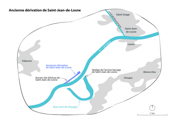 Plan schématique de l'ancienne dérivation de Saint-Jean-de-Losne, échelle 1/2000e. © Région Bourgogne-Franche-Comté, Inventaire du patrimoine