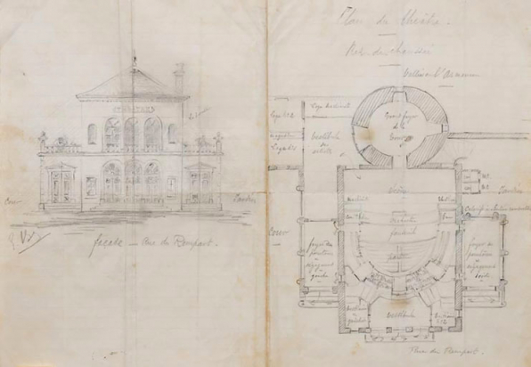 Plan du théâtre. Rez-de-chaussée [et] Façade - Rue du Rempart. S.d. [1843 ?].  © Région Bourgogne-Franche-Comté, Inventaire du patrimoine