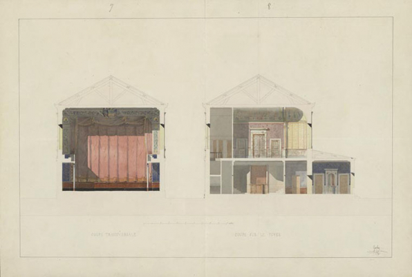 7. Coupe transversale [et] 8. Coupe sur le foyer. [Coupes et élévations par Grosley du théâtre projeté à Semur-en-Auxois]. S.d. [1843 ?]. © Région Bourgogne-Franche-Comté, Inventaire du patrimoine