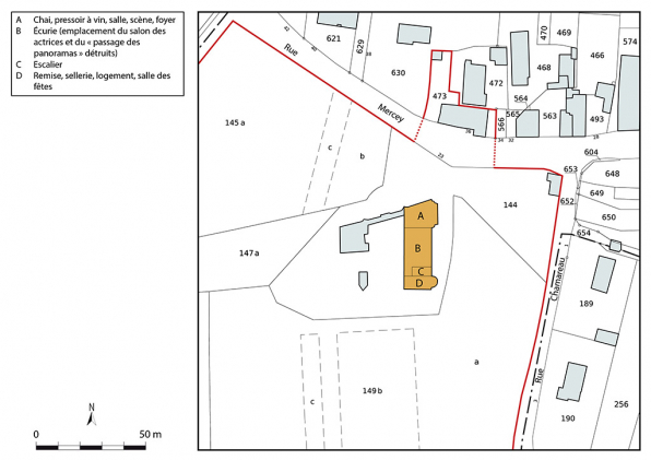 Plan-masse et de situation. Extrait du plan cadastral, 2021, section D, 1/1 250 agrandi à 1/1 000. © Région Bourgogne-Franche-Comté, Inventaire du patrimoine