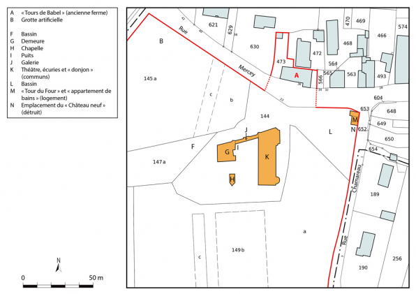 Plan-masse. Extrait du plan cadastral, 2021, section D, 1/1 1250 agrandi à 1/1 000. © Région Bourgogne-Franche-Comté, Inventaire du patrimoine