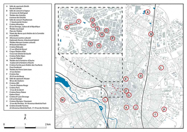 Plan de localisation des salles de spectacle. Fonds de carte : IGN, BD Carto, Topo et Parcellaire express, 2020, 1/30 000. © Région Bourgogne-Franche-Comté, Inventaire du patrimoine Plan de localisation des salles de spectacle. Fonds de carte : IGN, BD Carto, Topo et Parcellaire express, 2020, 1/30 000. © Région Bourgogne-Franche-Comté, Inventaire du patrimoine