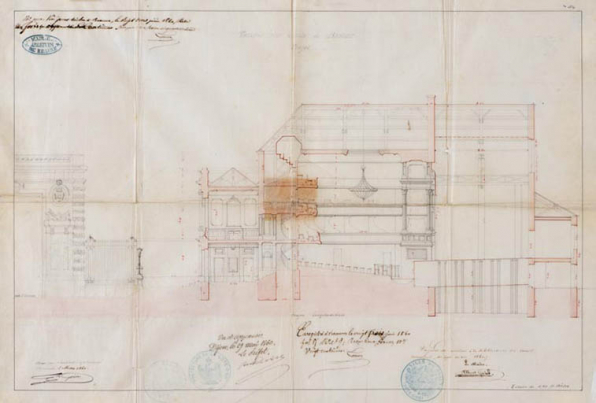 Ville de Beaune. Projet de théâtre. Coupe longitudinale. 1er mars 1860. © Région Bourgogne-Franche-Comté, Inventaire du patrimoine