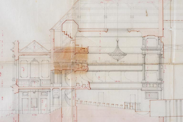 Ville de Beaune. Projet de théâtre. Coupe longitudinale [détail : le foyer et la salle]. 1er mars 1860. © Région Bourgogne-Franche-Comté, Inventaire du patrimoine