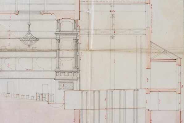 Ville de Beaune. Projet de théâtre. Coupe longitudinale [détail : la scène]. 1er mars 1860. © Région Bourgogne-Franche-Comté, Inventaire du patrimoine