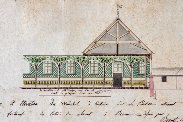 Plan du Wauxhall ventôse an 9. [Détail :] Décoration de l'intérieur vue sur la longueur dont le plafond sera un ciel. Février-mars 1801. © Région Bourgogne-Franche-Comté, Inventaire du patrimoine