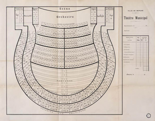 Ville de Beaune. Théâtre municipal [plan de répartition des places]. S.d. [20e siècle]. © Région Bourgogne-Franche-Comté, Inventaire du patrimoine