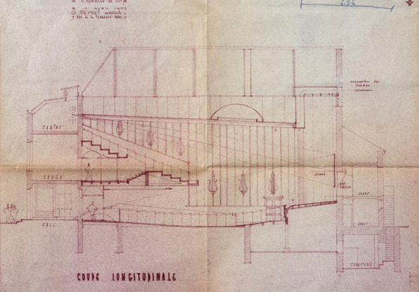 Cinéma Rex à Beaune. 800 places. Avant projet. [Détail :] Coupe longitudinale. 1er avril 1951. © Région Bourgogne-Franche-Comté, Inventaire du patrimoine