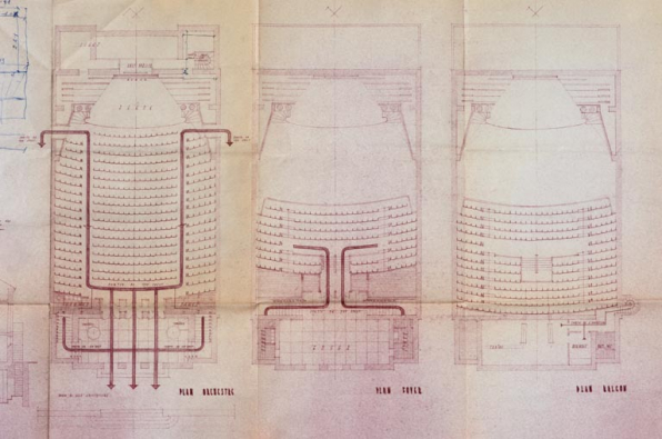 Cinéma Rex à Beaune. 800 places. Avant projet. [Détail :] Plan orchestre, Plan foyer [et] Plan balcon. 1er avril 1951. © Région Bourgogne-Franche-Comté, Inventaire du patrimoine